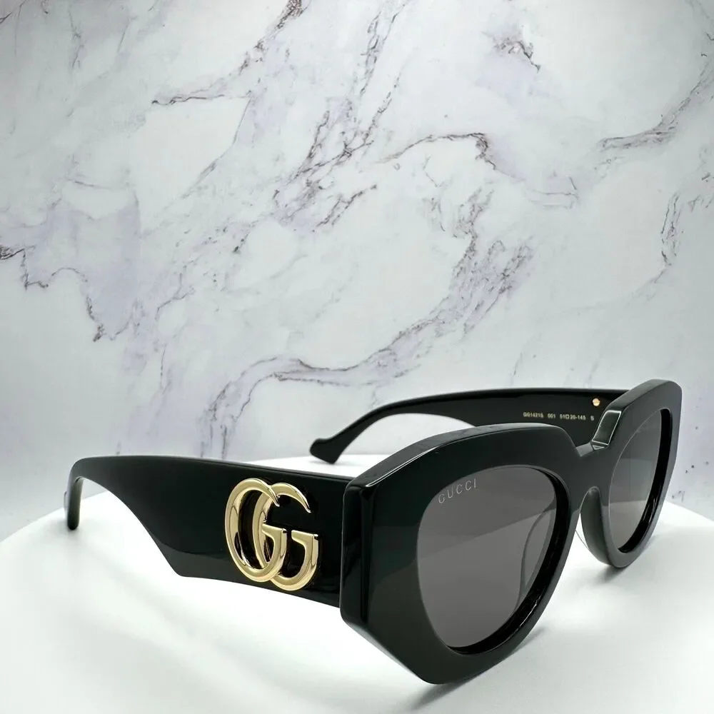 New Gucci Sunglasses Black Cat Eye Gold GG Logo Womens